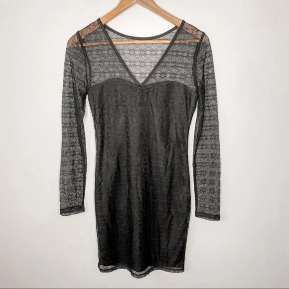 Dynamite Black Eyelet Lace Inset Mesh Bodycon Dress Sz S - Picture 1 of 8